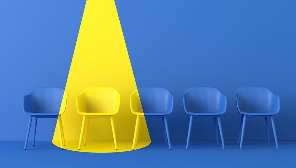 Yellow chair standing out from the crowd. Business concept. 3D rendering